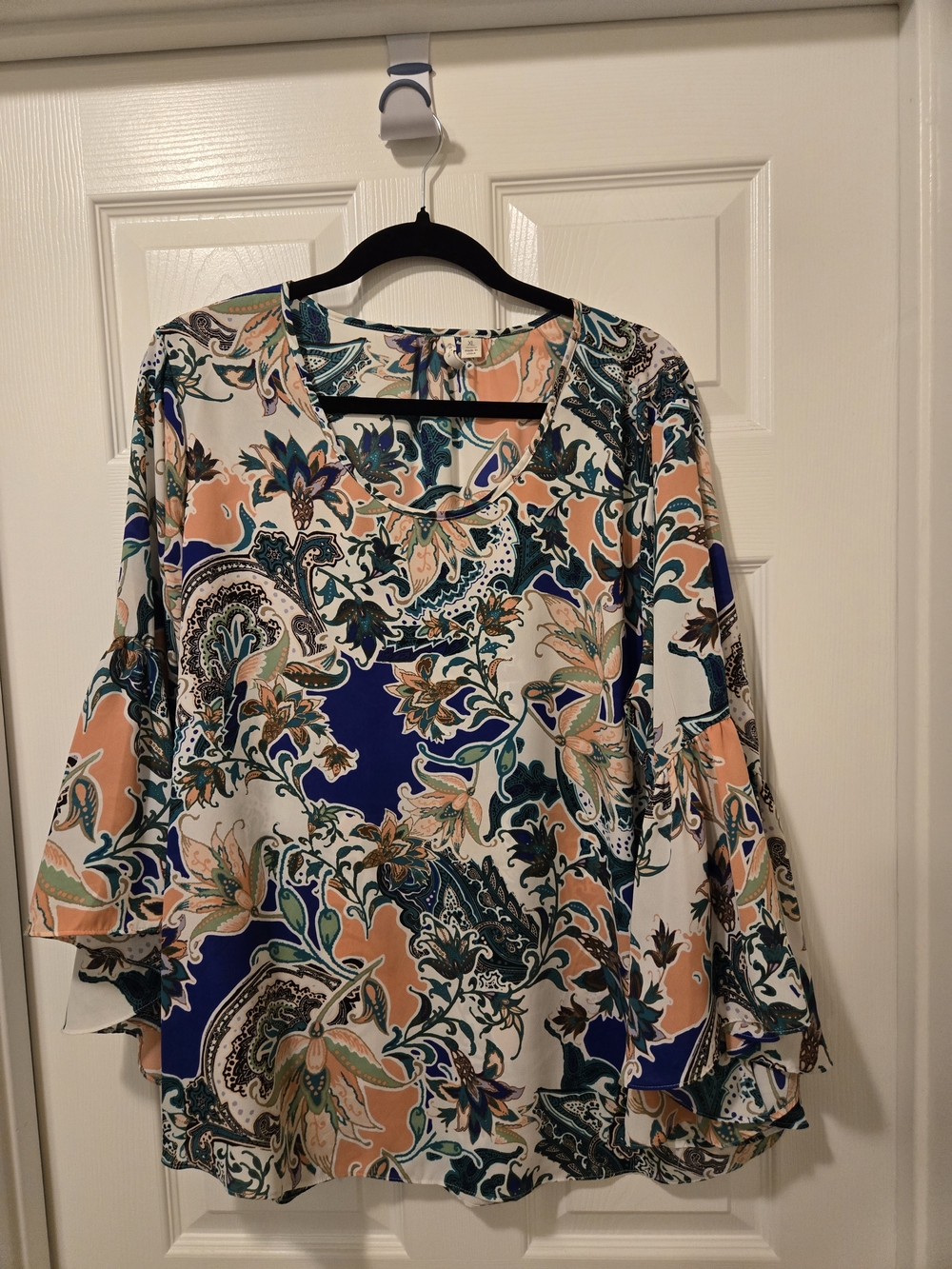 Cato Paisley Floral Bell-Sleeve Top in Peach, Navy & Teal